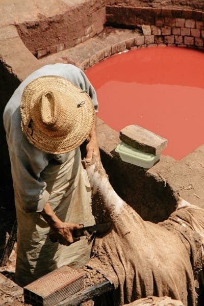 A close-up shot of a skilled artisan wearing a traditional straw hat, processing leather by hand in a vibrant red dye pit at the Chouara Tannery in Fez. This image captures the authentic, traditional methods of leather crafting that have remained unchanged for over a thousand years.