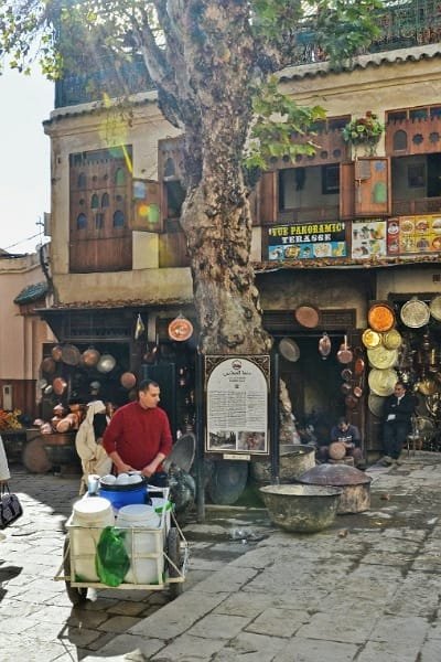 A storefront in Place Seffarine, Fez, displaying a captivating array of gleaming Moroccan metalware, including copper and brass trays and teapots. The image highlights the detailed artistry and the unique souvenirs found in this bustling coppersmiths' square.