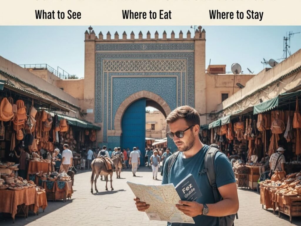 A tourist guide image featuring the iconic blue and green tiled Bab Bou Jeloud (The Blue Gate) in Fez, marking the entrance to the historic medina. Optimized for tips on 'What to See, Where to Eat, and Where to Stay' before starting a tour in Fez.