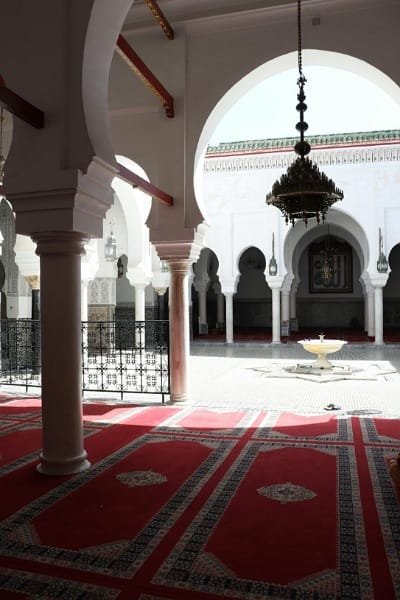 A serene interior view of the Moulay Idriss Mosque in Fez, showing white arches, red patterned carpets, and a central fountain. The mosque, dedicated to the founder of Fez, is a revered spiritual site showcasing classic Moroccan Islamic architecture and offering a deep sense of peace.