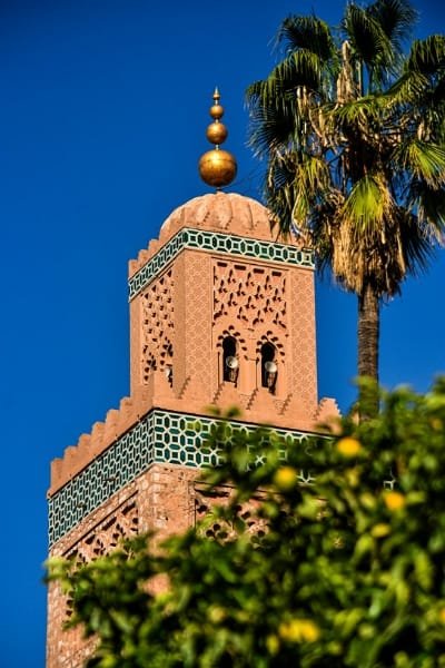 Tour guide and guests standing in an intricately carved courtyard of a grand mosque or madrasa in Fes. The setting reflects the profound impact of Arabic cultures and Islamic art in Morocco, including intricate zellige tiles and grand mosques.