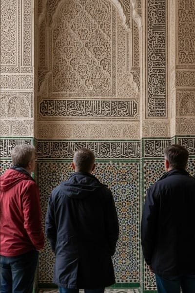 A close-up of intricate Merinid architecture within a smaller madrasa in Fez, showcasing detailed carved stucco, Arabic calligraphy, and geometric zellige tiles. The decoration highlights classic Moroccan craftsmanship.
