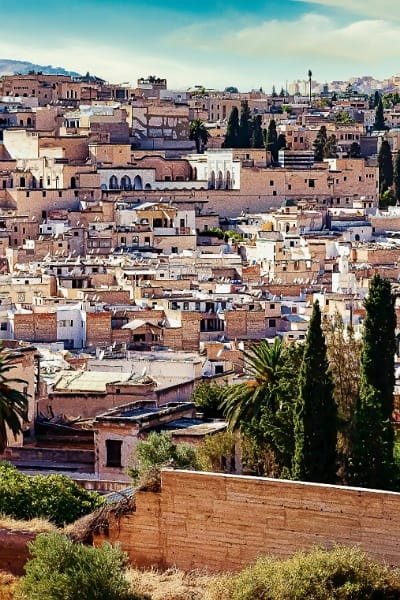 A vertical, aerial view of the Fes Old Medina showing thousands of traditional houses and ancient ramparts from the vantage point of Borj Sud (South Tower).