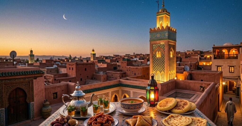 Ramadan in Fez: Complete Travel Guide to Experiencing the Medina During the Holy Month 1 Ramadan in Fes 2026: A breathtaking traditional Moroccan Riad rooftop view overlooking the ancient Medina at sunset. Features a lit zellij minaret, a lavish Ftour table with mint tea, chebakia, and traditional lanterns.